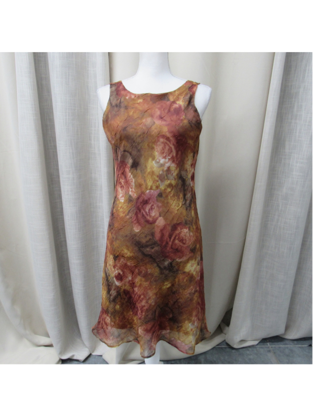 VTG 90s Alyn Paige Watercolor Rose Floral Sheer Overlay Midi Slip Dress USA